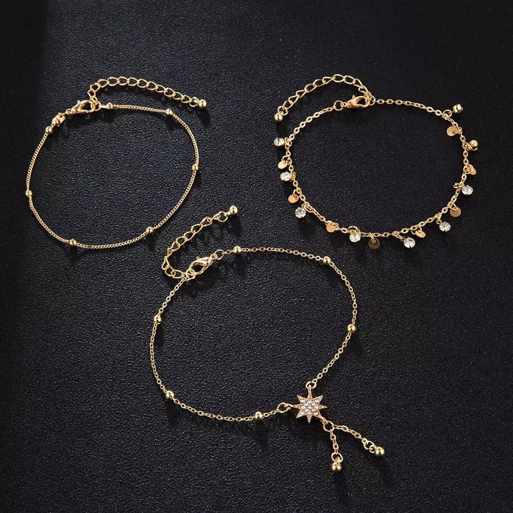 Bohemian 3 Pcs Crystal Star and Gold Anklet Set - Picture 8 of 10